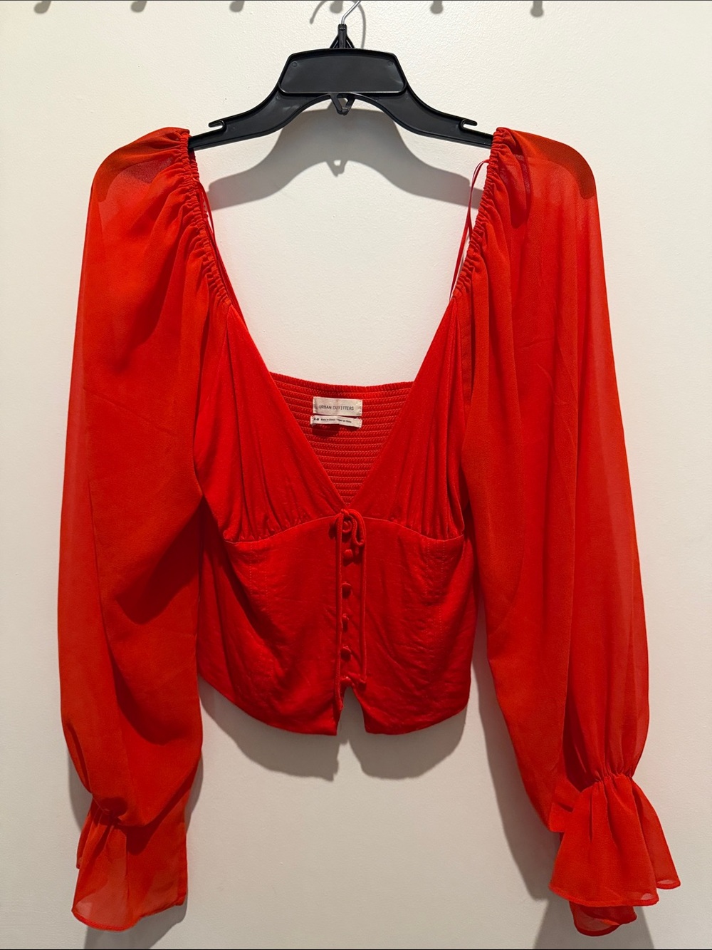 Urban Outfitters Women's Red Puff-Sleeve V-Neck Button Up Blouse